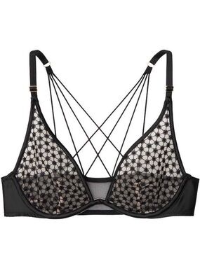 VICTORIA'S SECRET Starburst Unlined Plunge Bra Semi Sheer Black Mesh Size 36D